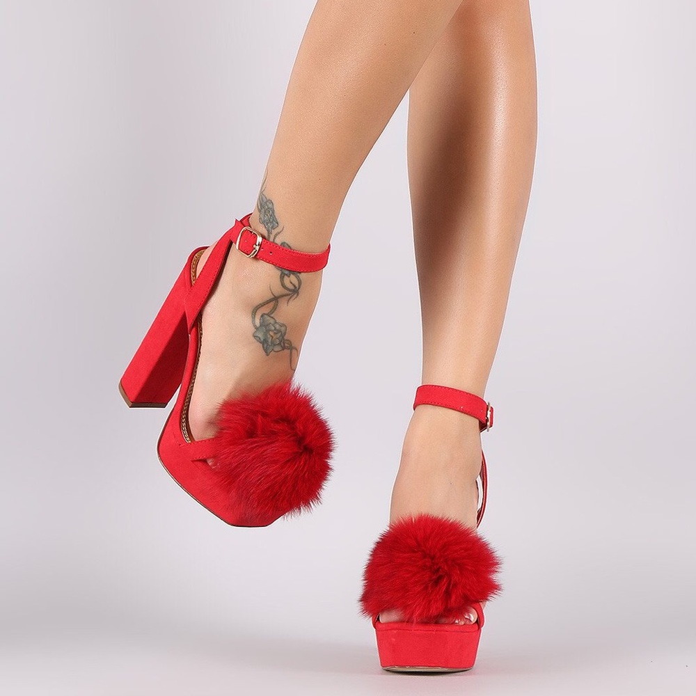 Liliana Pom Pom Accent Ankle Strap Chunky Heel